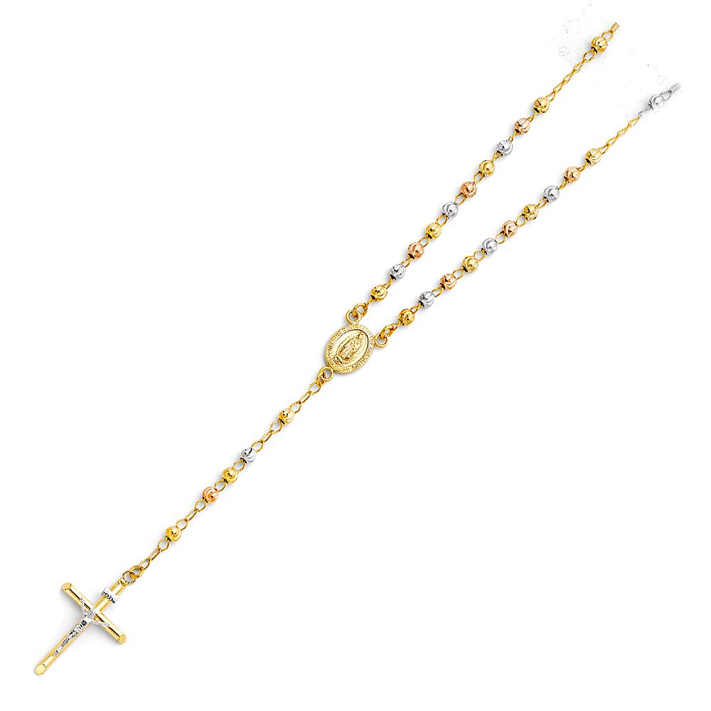 14K Tricolor 4mm Beads Ball Rosary Necklace, Length 20"