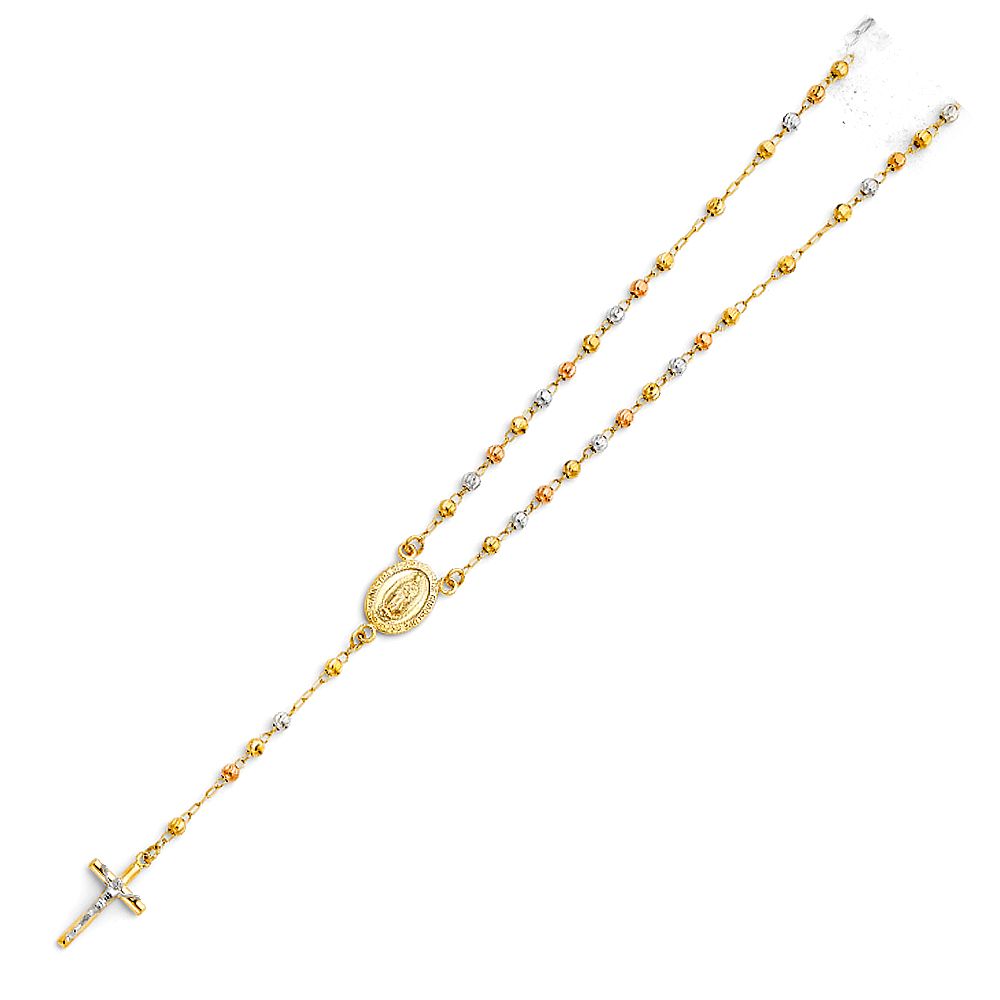 14K Tricolor 3mm Beads Ball Rosary Necklace, Length 18"