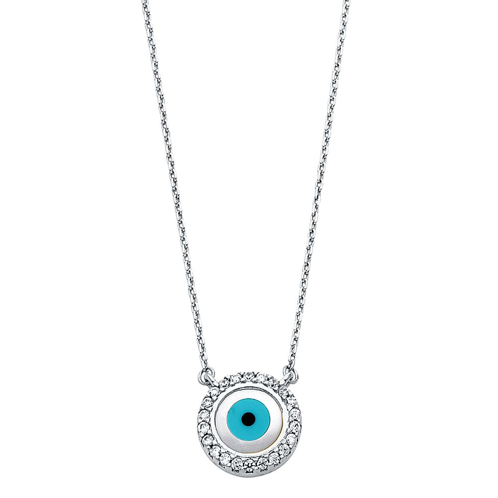 14K White CZ Evil Eye Necklace