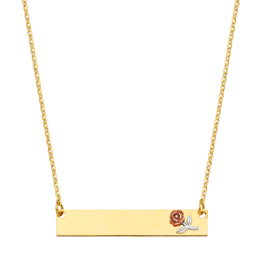14K Yellow ID With Flower Spring Ring Chain Necklace