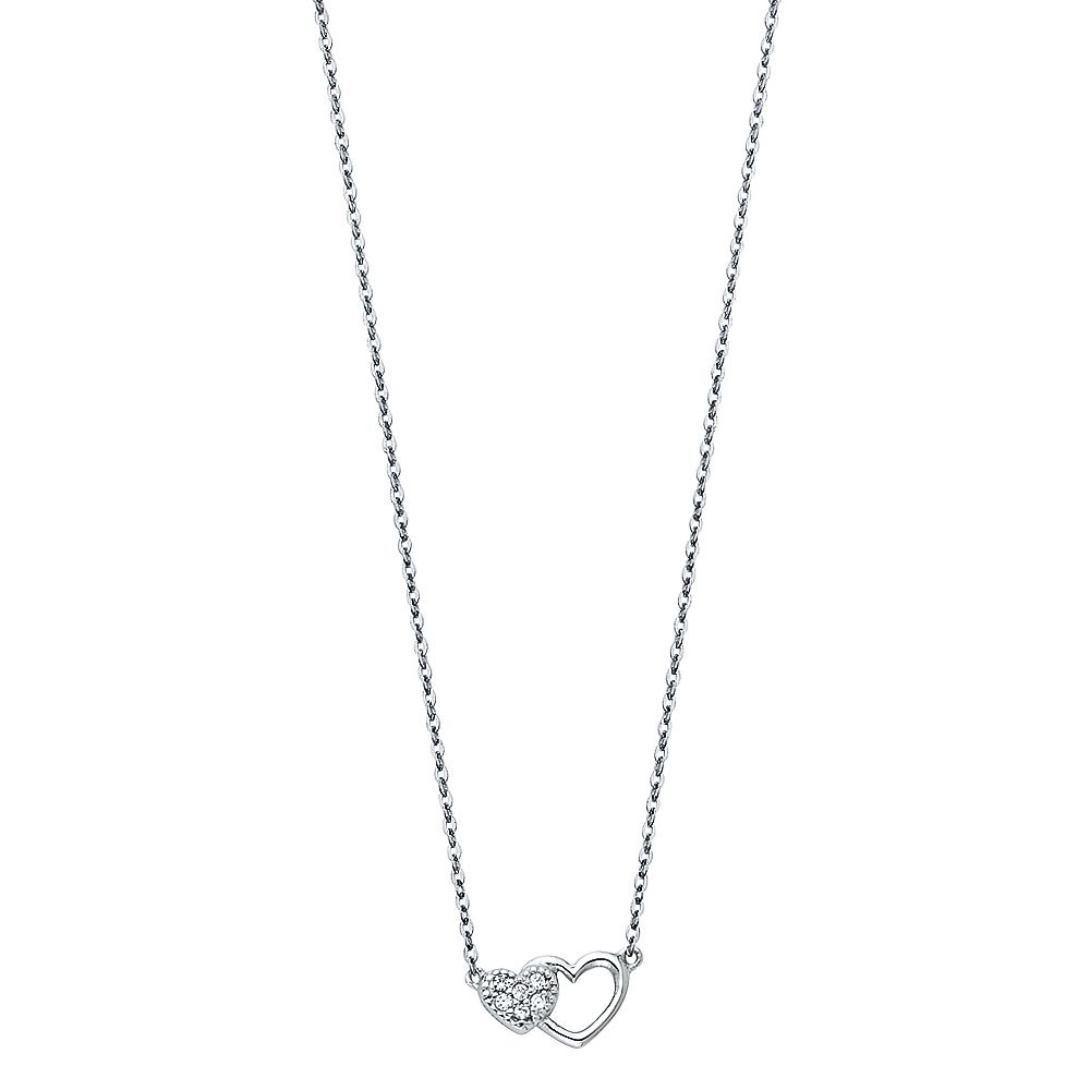 14K White Double CZ Hearts Necklace