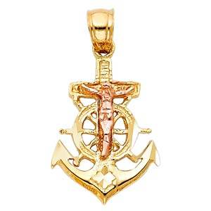 14K Two Tone 15mm Religious Crucifix Anchor Pendant