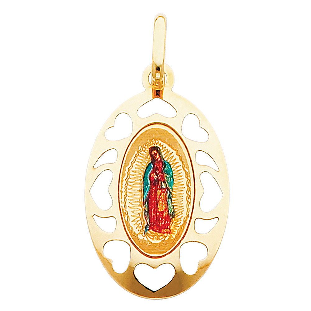 14K Yellow Gold 18mm Guadalupe Enamel Picture Religious Pendant