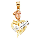 14K Tri Color 17mm 15 Years Years Heart Pendant