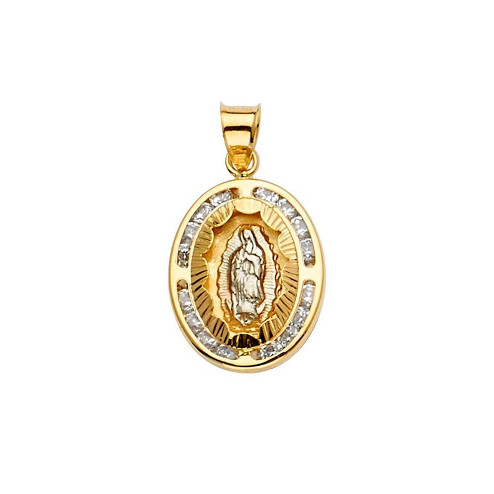 14K Tri Color 12mm CZ Religious Guadalupe Medal Pendant - silverdepot