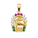 14K Yellow Gold 14mm Mexican Color CZ Horse Shoe Pendant
