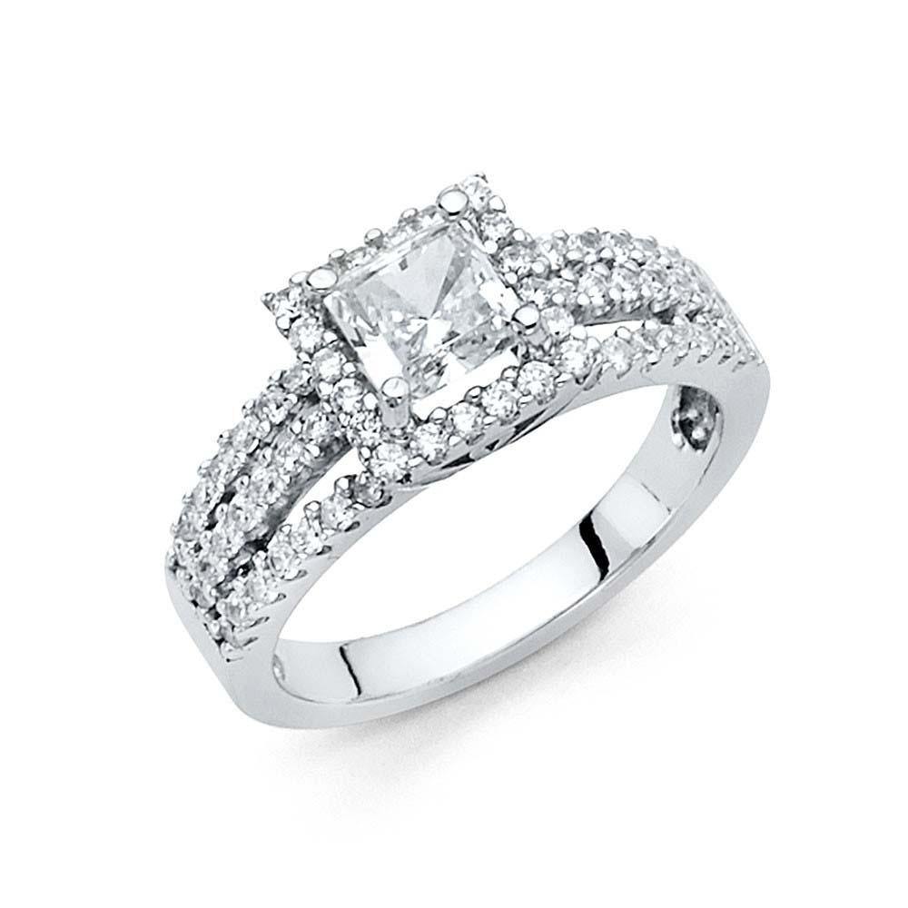 14K White Gold 6mm 3-Row Scalloped Split Shank Side Halo Princess-Cut CZ Wedding Ring - silverdepot