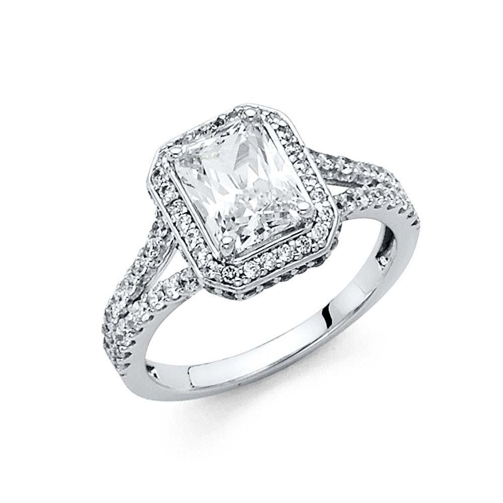 14K White Gold 5mm Scalloped Split Shank 1.75-CT Radiant-Cut Halo Polished Finish CZ Engagement Ring - silverdepot