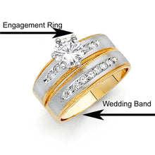 Load image into Gallery viewer, 14K Two Tone 4mm CZ Wedding Trio Ladies Wedding Band Sets