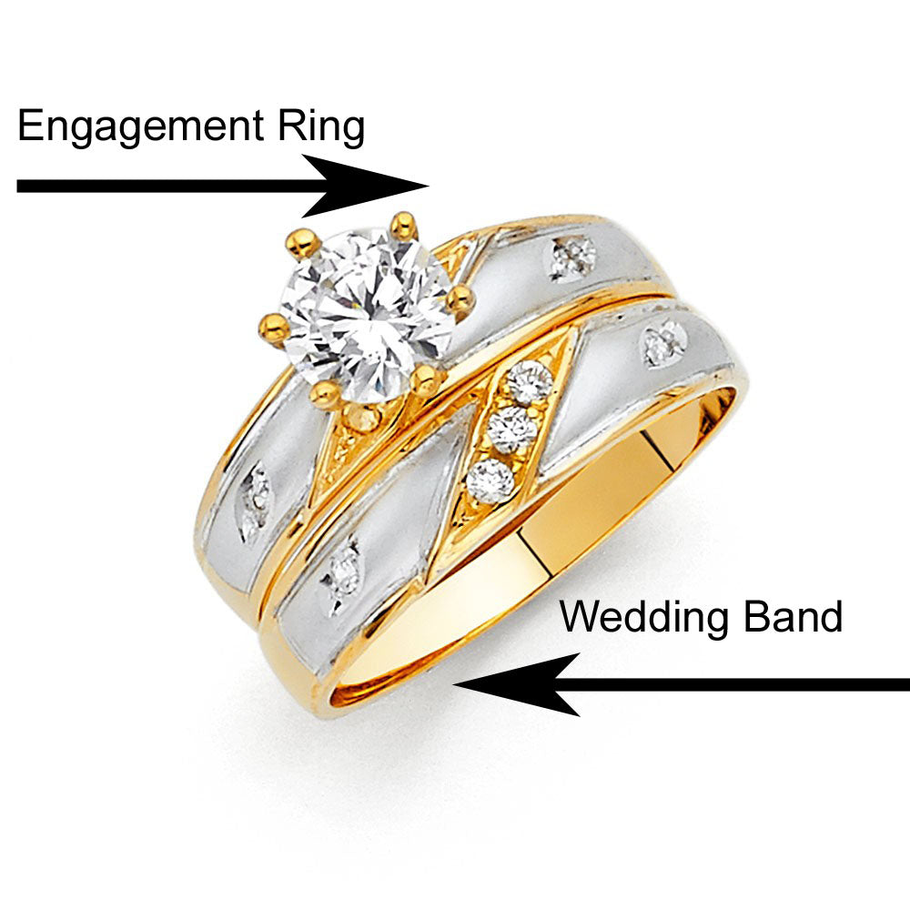 14K Two Tone 4mm CZ Wedding Trio Ladies Wedding Band Sets