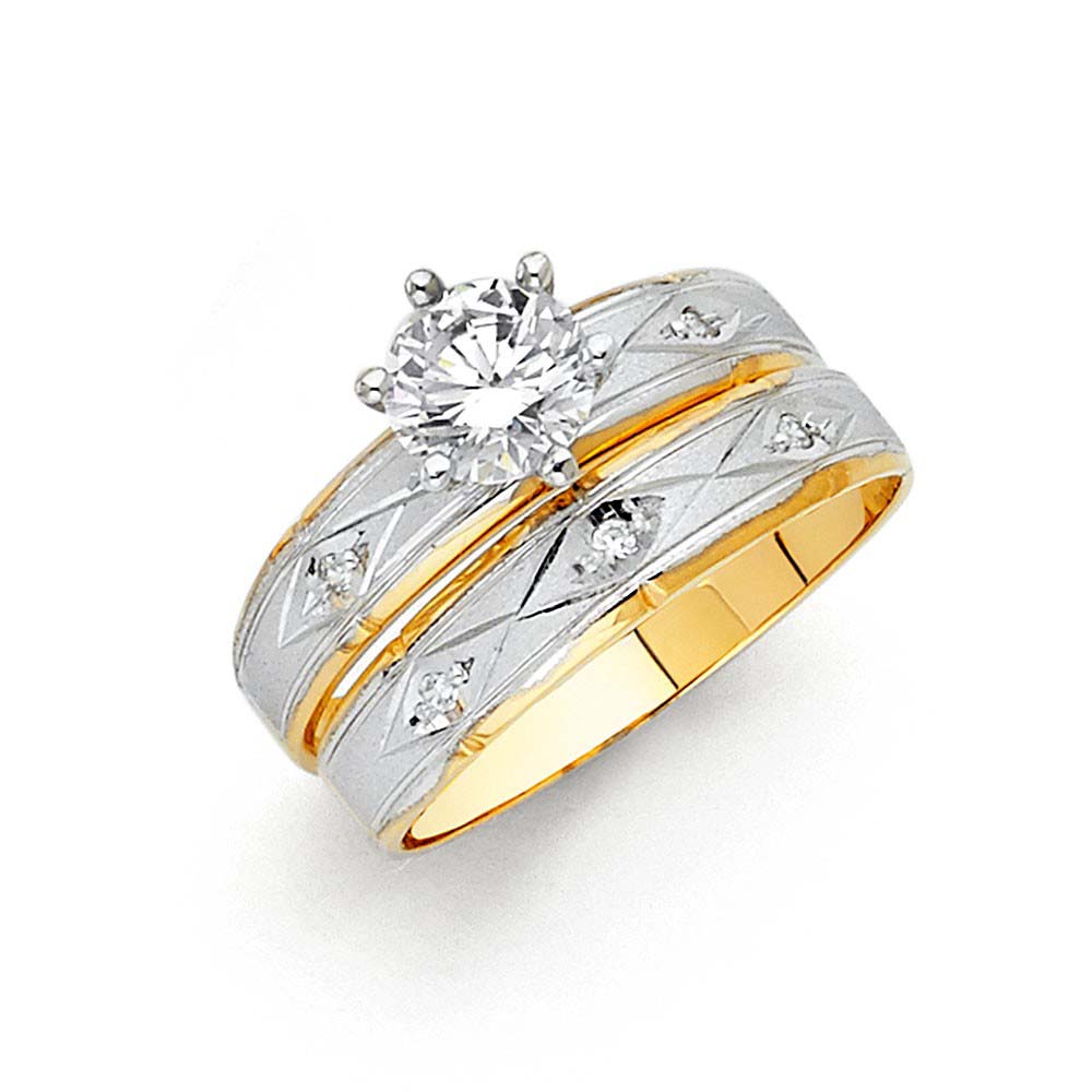 14K Two Tone 4mm CZ Wedding Trio Ladies Wedding Band Sets