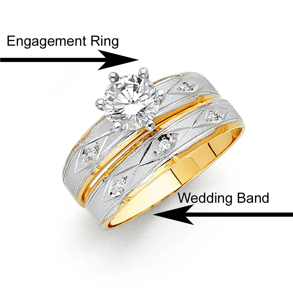 14K Two Tone 4mm CZ Wedding Trio Ladies Wedding Band Sets