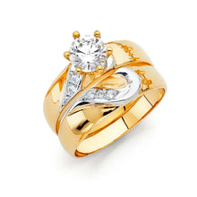 Load image into Gallery viewer, 14K Two Tone 4mm CZ Wedding Trio Ladies Wedding Band Sets