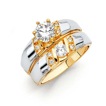 Load image into Gallery viewer, 14K Two Tone 4mm CZ Wedding Trio Ladies Wedding Band Sets
