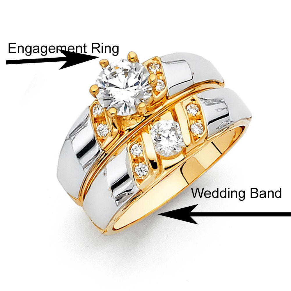 14K Two Tone 4mm CZ Wedding Trio Ladies Wedding Band Sets