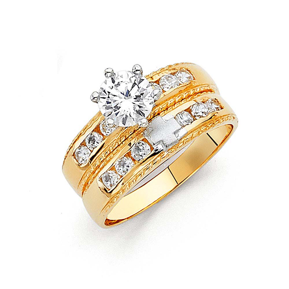 14K Two Tone 4mm CZ Wedding Trio Ladies Wedding Band Sets