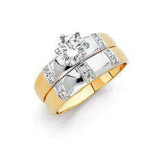 Load image into Gallery viewer, 14K Two Tone 4mm CZ Wedding Trio Ladies Wedding Band Sets