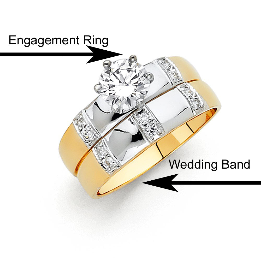 14K Two Tone 4mm CZ Wedding Trio Ladies Wedding Band Sets