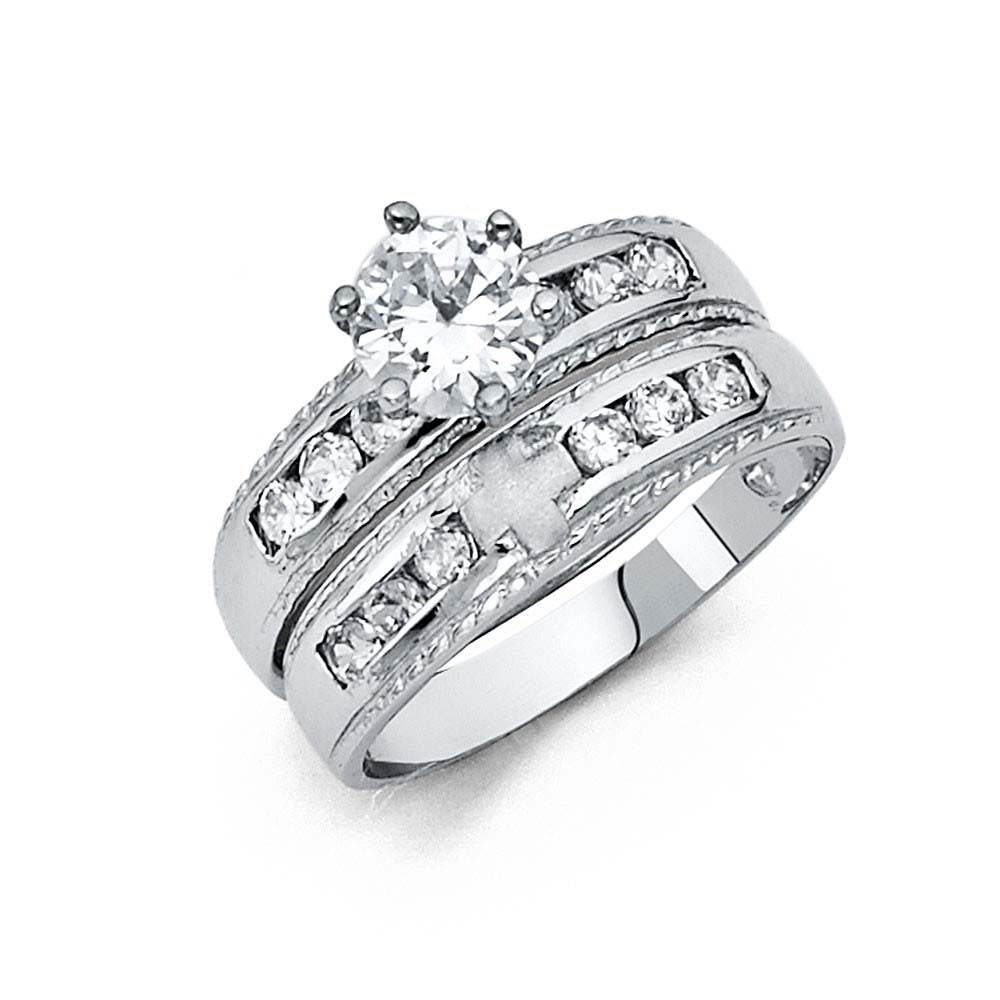 14K White Gold 4mm CZ Wedding Trio Ladies Wedding Band Sets