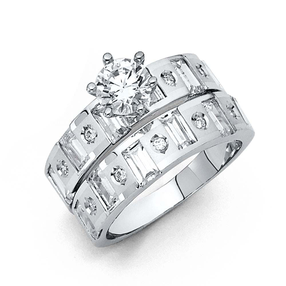 14K White Gold 4mm CZ Wedding Trio Ladies Wedding Band Sets