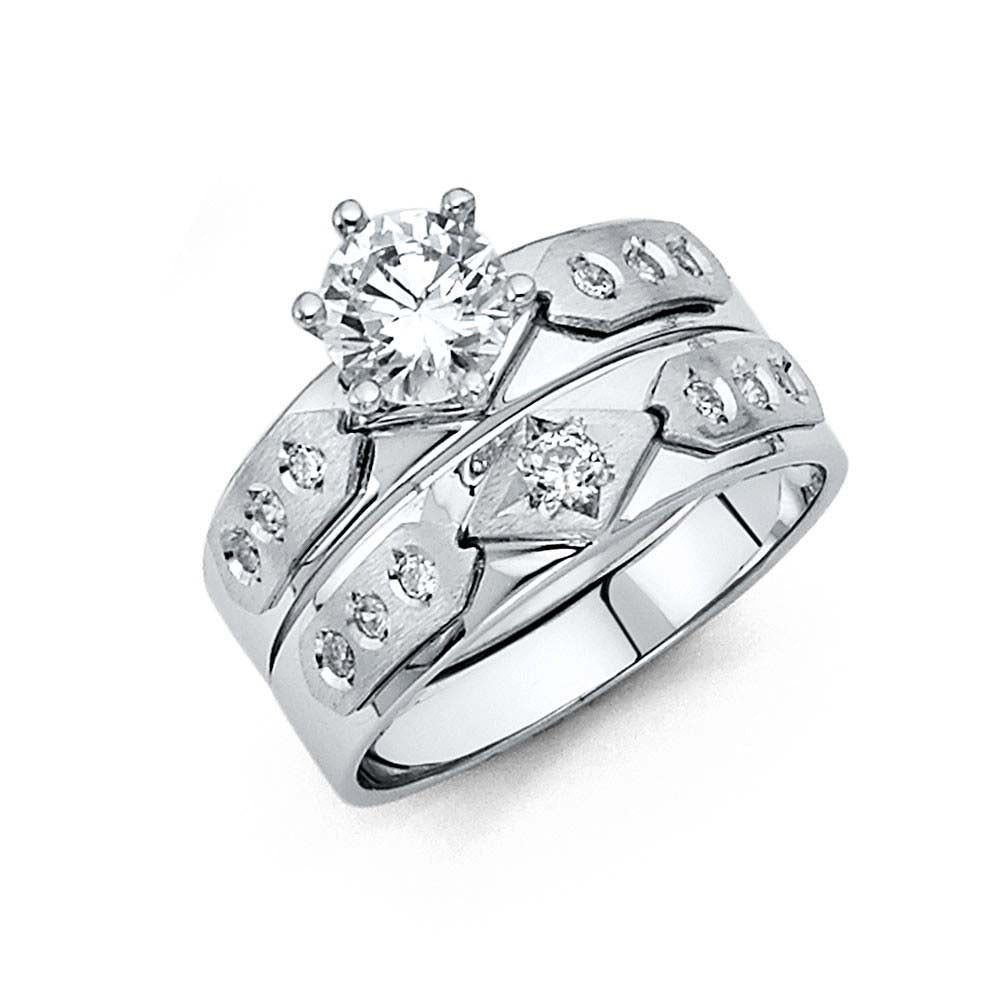 14K White Gold 4mm CZ Wedding Trio Ladies Wedding Band Sets