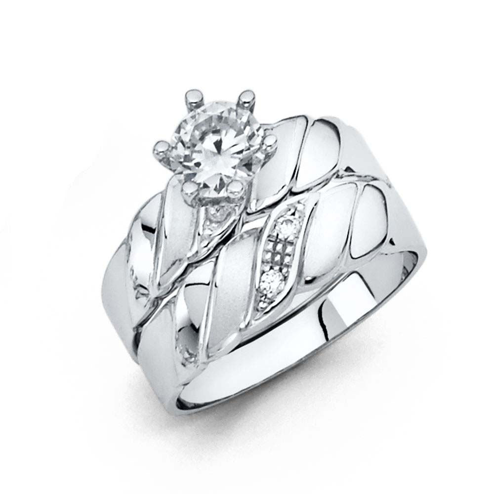 14K White Gold 4mm CZ Wedding Trio Ladies Wedding Band Sets