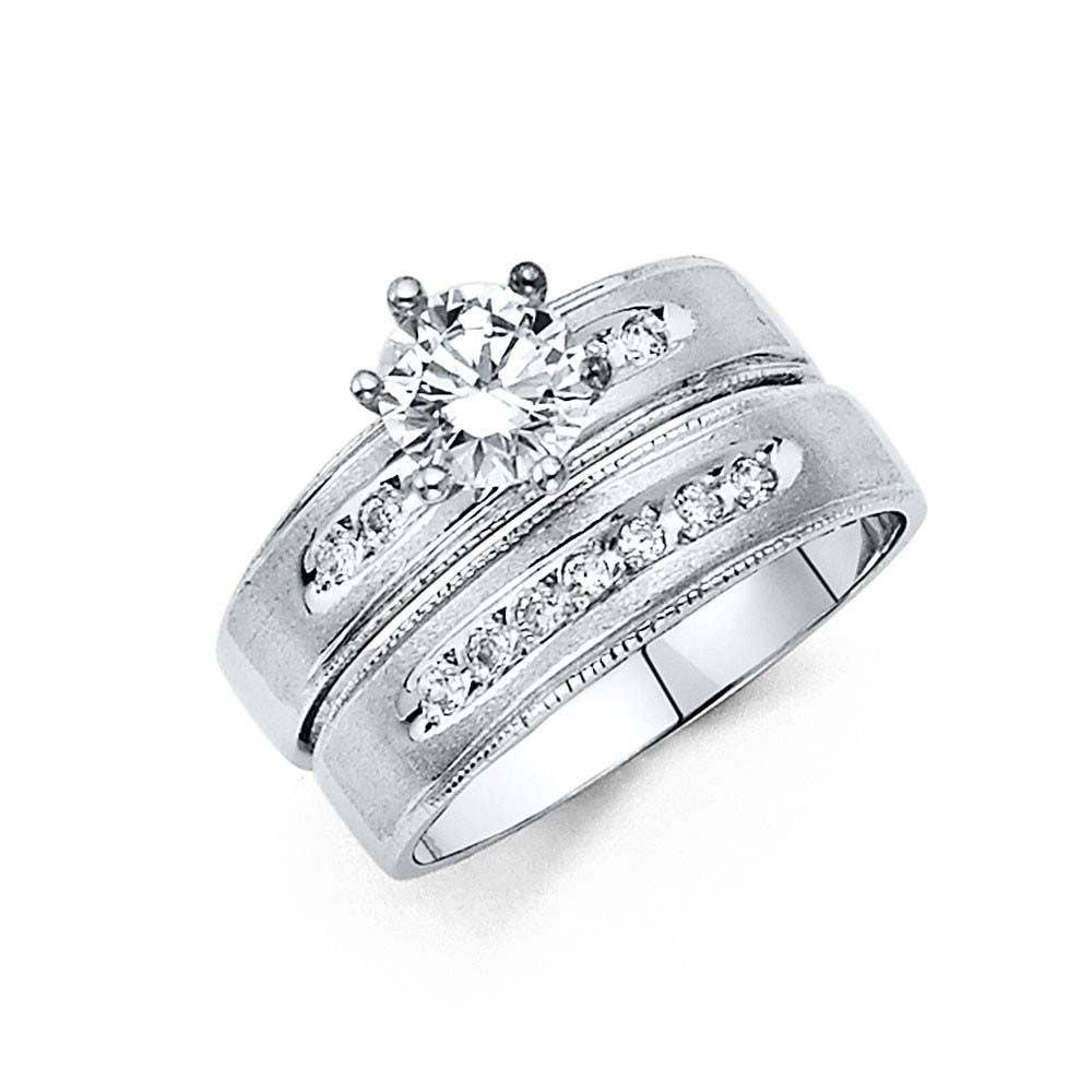 14K White Gold 4mm CZ Wedding Trio Ladies Wedding Band Sets