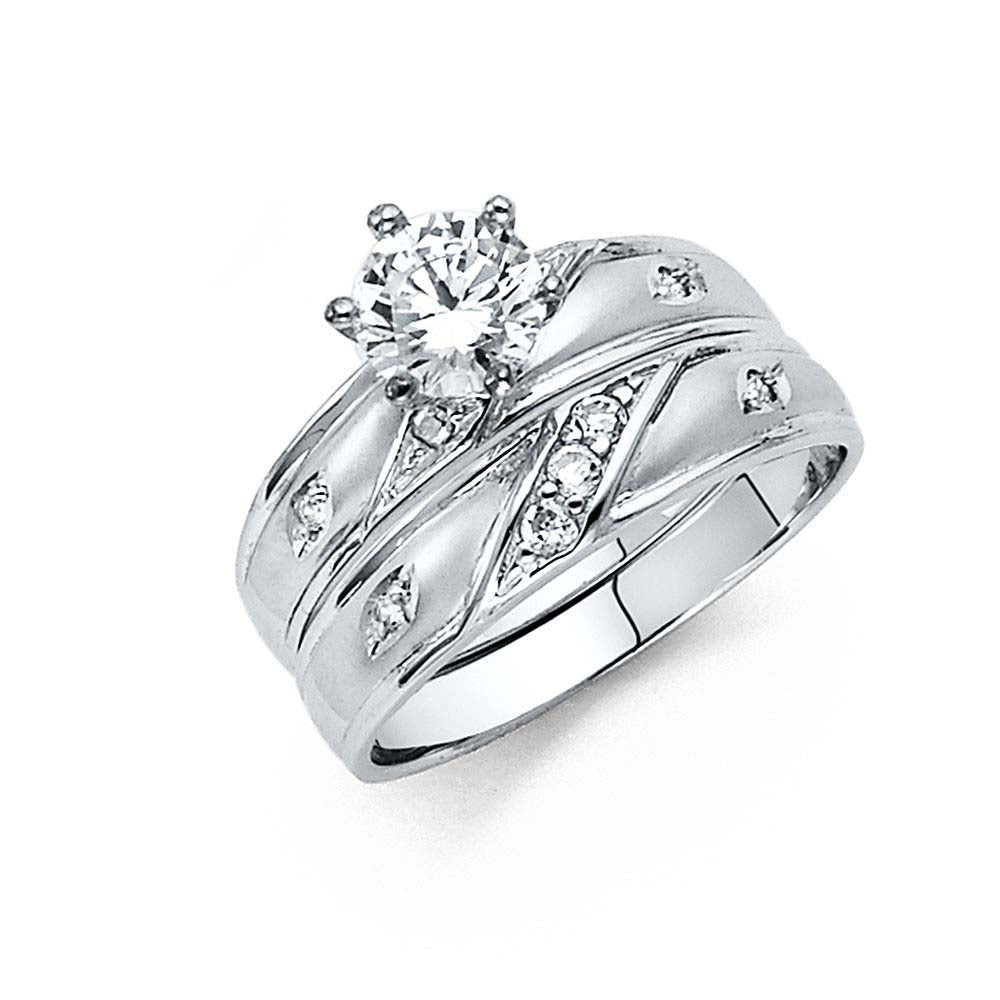 14K White Gold 4mm CZ Wedding Trio Ladies Wedding Band Sets