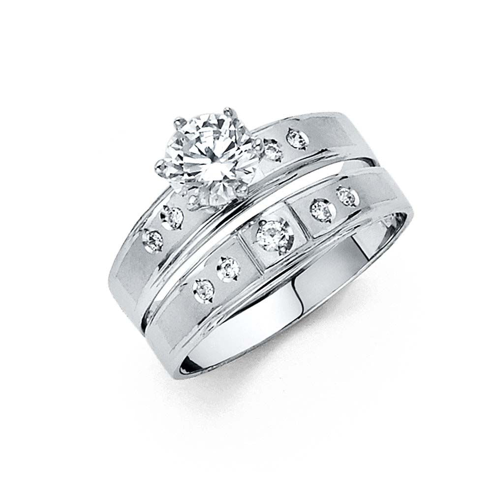 14K White Gold 3mm CZ Wedding Trio Ladies Wedding Band Sets