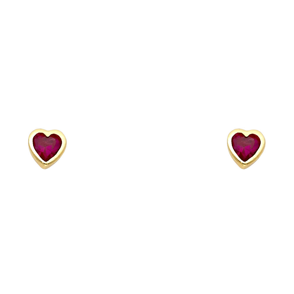 14K Yellow Gold Red Stone Heart Earrings