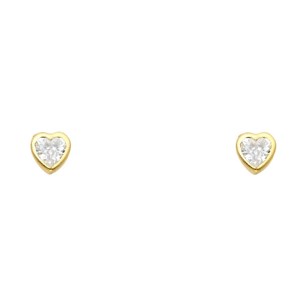 14K Yellow Gold Clear Stone Heart Bezel Earrings