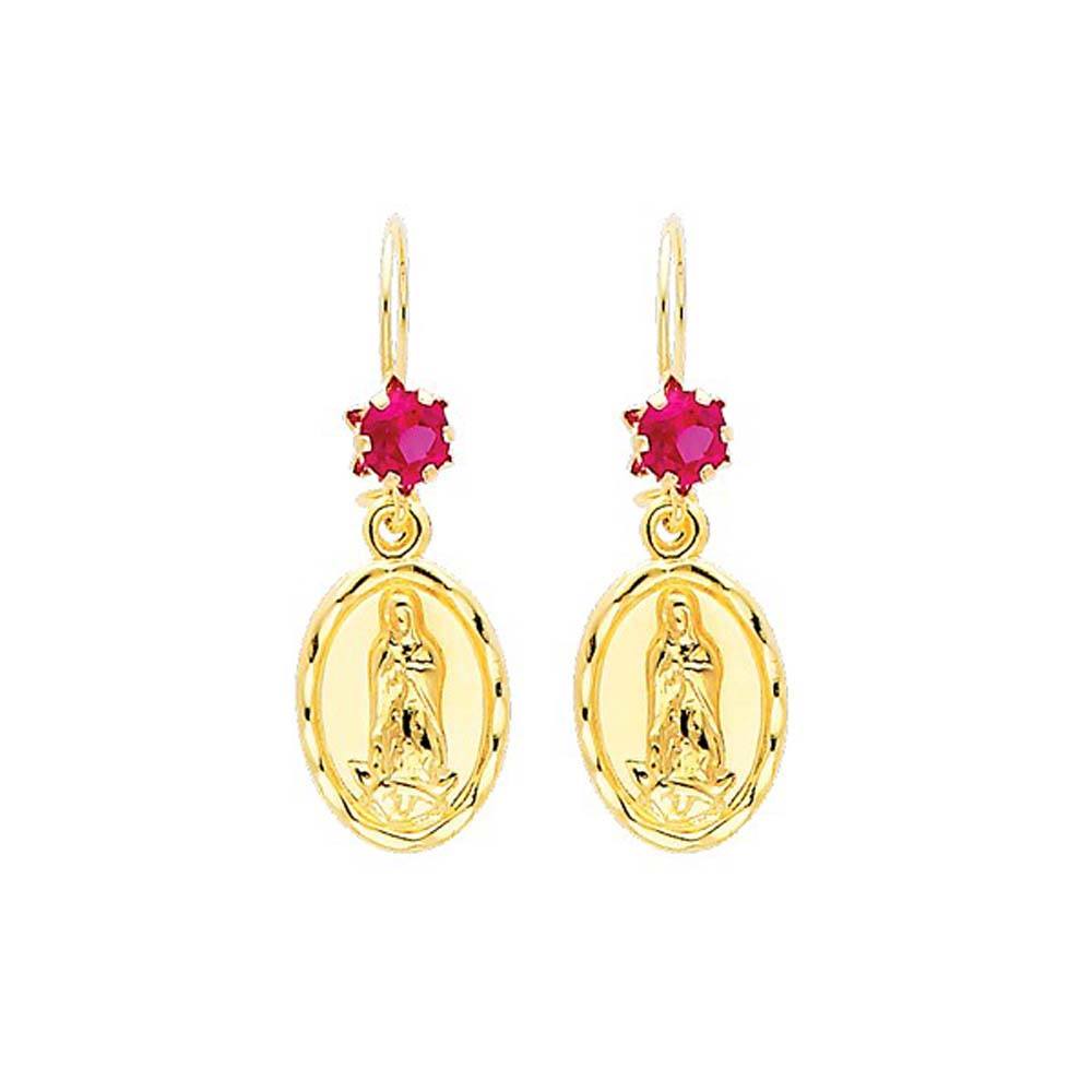 14K Yellow Gold Our Lady Guadalupe Red CZ Hanging Earrings