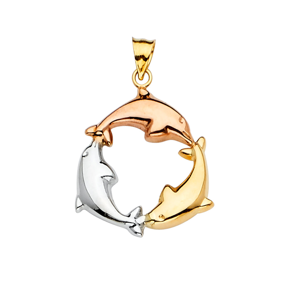 14K Tri Color 24mm Dolphin Pendant