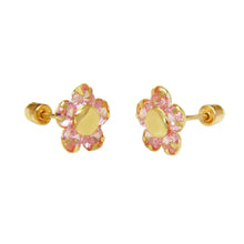 Load image into Gallery viewer, 14K Yellow Gold Pink Cubic Zirconia Flower With Screw Back Stud Earrings