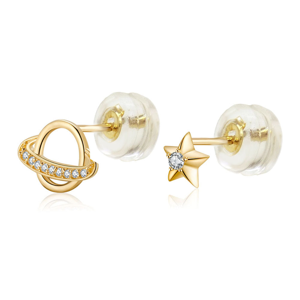 14K Yellow Gold Micro Pave CZ Globe Star Stud Earrings With Silicone Backing