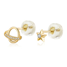 Load image into Gallery viewer, 14K Yellow Gold Micro Pave CZ Globe Star Stud Earrings With Silicone Backing