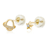 14K Yellow Gold Micro Pave CZ Globe Star Stud Earrings With Silicone Backing