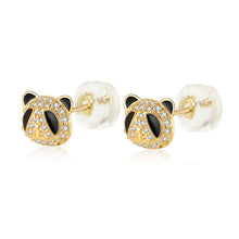 Load image into Gallery viewer, 14K Yellow Gold Panda CZ Enamel Stud Earrings With Silicone Back