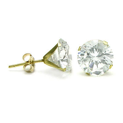14K Yellow Gold Round Simulated Diamond Earring. Set on High Quality Stamping Setting and Friction Style Post